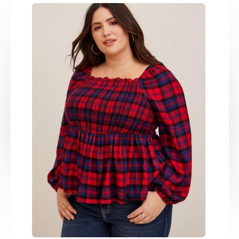 Torrid Red Plaid Brushed Rayon Acrylic Smocked Top 2X